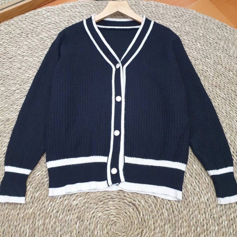 Navy Blue Cable Knit Cardigan White Stripe Trim
